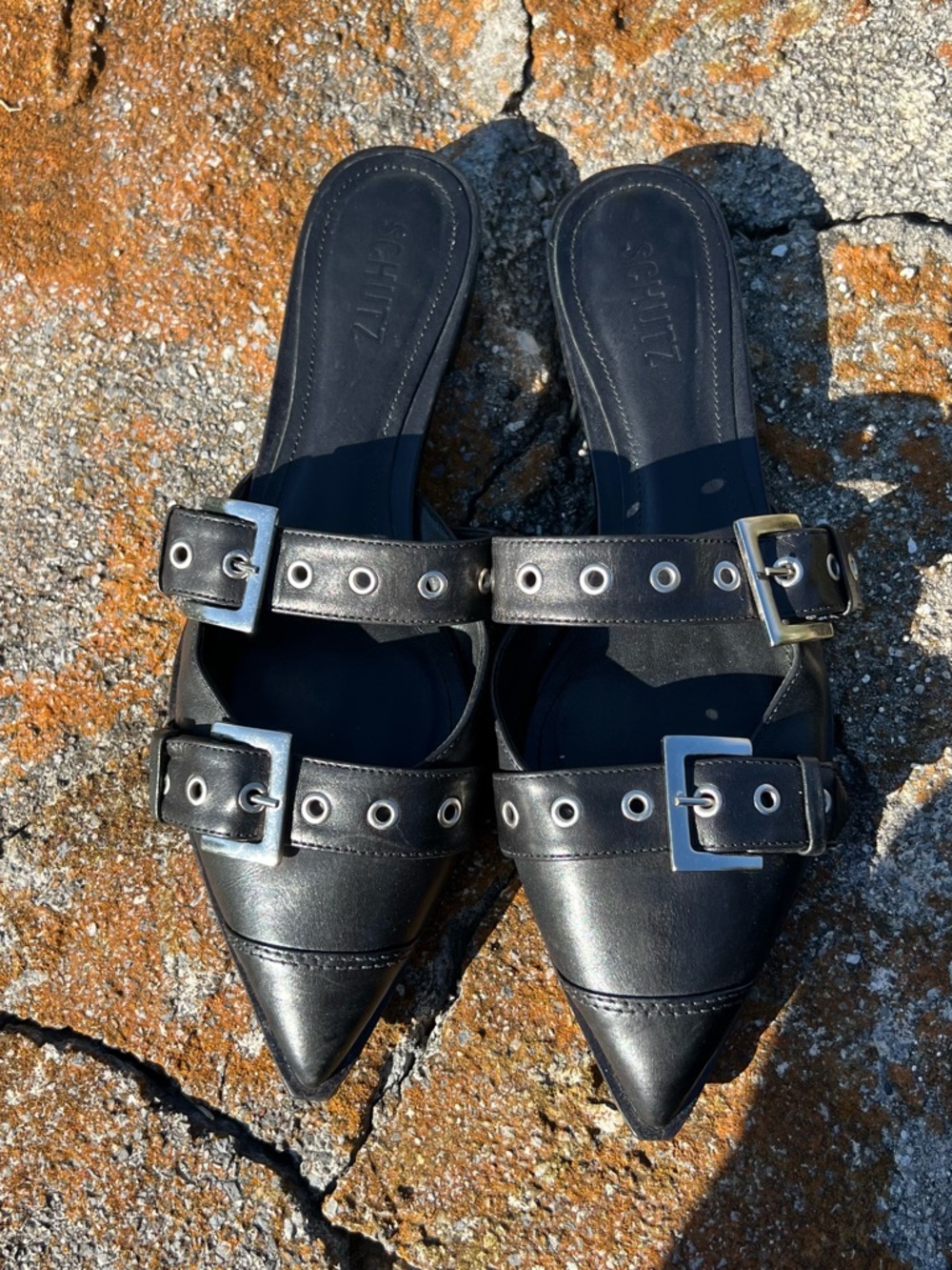 SCHUTZ Black Pointed Leather Double-Buckle Mules